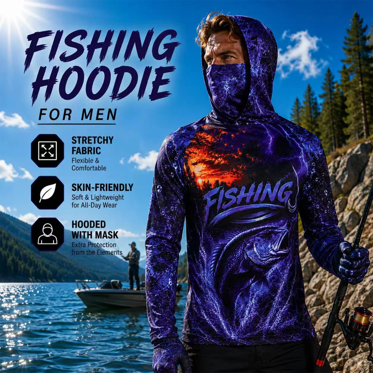 Men Purple Bass Fish 3D Print  - đánh giá và giá Fishing Shirt Uv Protection